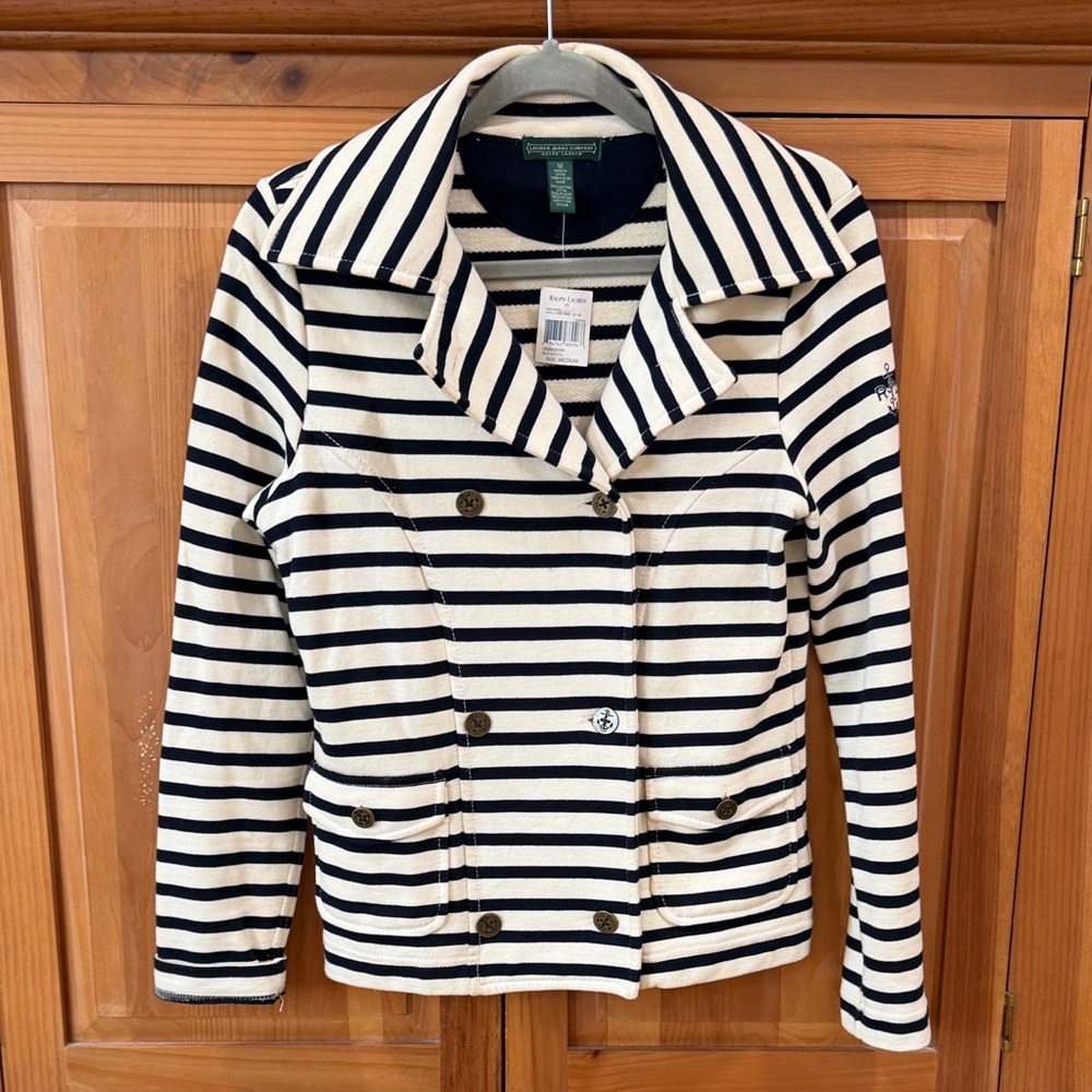 Lauren Ralph Lauren Navy and Cream Striped Double-Breasted Peacoat